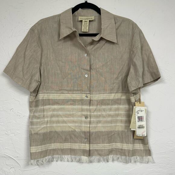 Vintage Beige & Cream Linen Button Down Shirt Womens 2 Short Sleeve Beachy Top - Picture 1 of 8